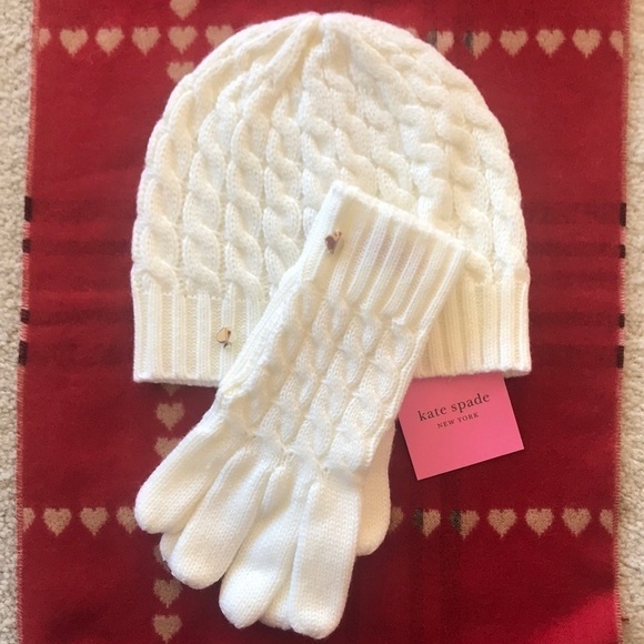 Brand New Kate Spade Cable Beanie Hat & Gloves Set Cream main image 14